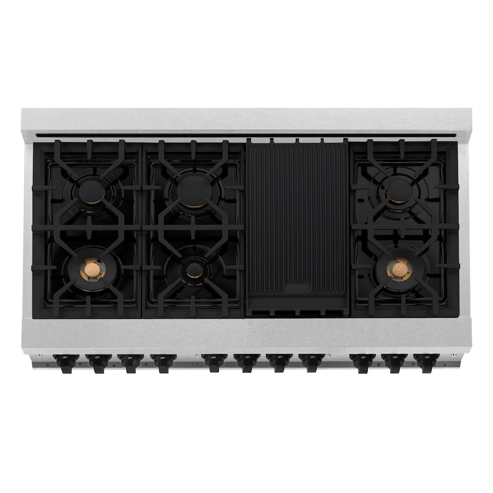 ZLINE Autograph Edition 48 in. 6.0 cu. ft. Legacy Dual Fuel Range with 7 Burner Gas Cooktop and 2 Electric Ovens in Satin Stainless Steel and Matte Black Accents (RASZ-SN-48-MB) top-down, above cooktop.