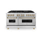ZLINE Autograph Edition 60 in. 7.4 cu. ft. Legacy Dual Fuel Range with 9 Burner Gas Cooktop and 2 Electric Convection Ovens in Satin Stainless Steel and Champagne Bronze Accents (RASZ-SN-60-CB) front.