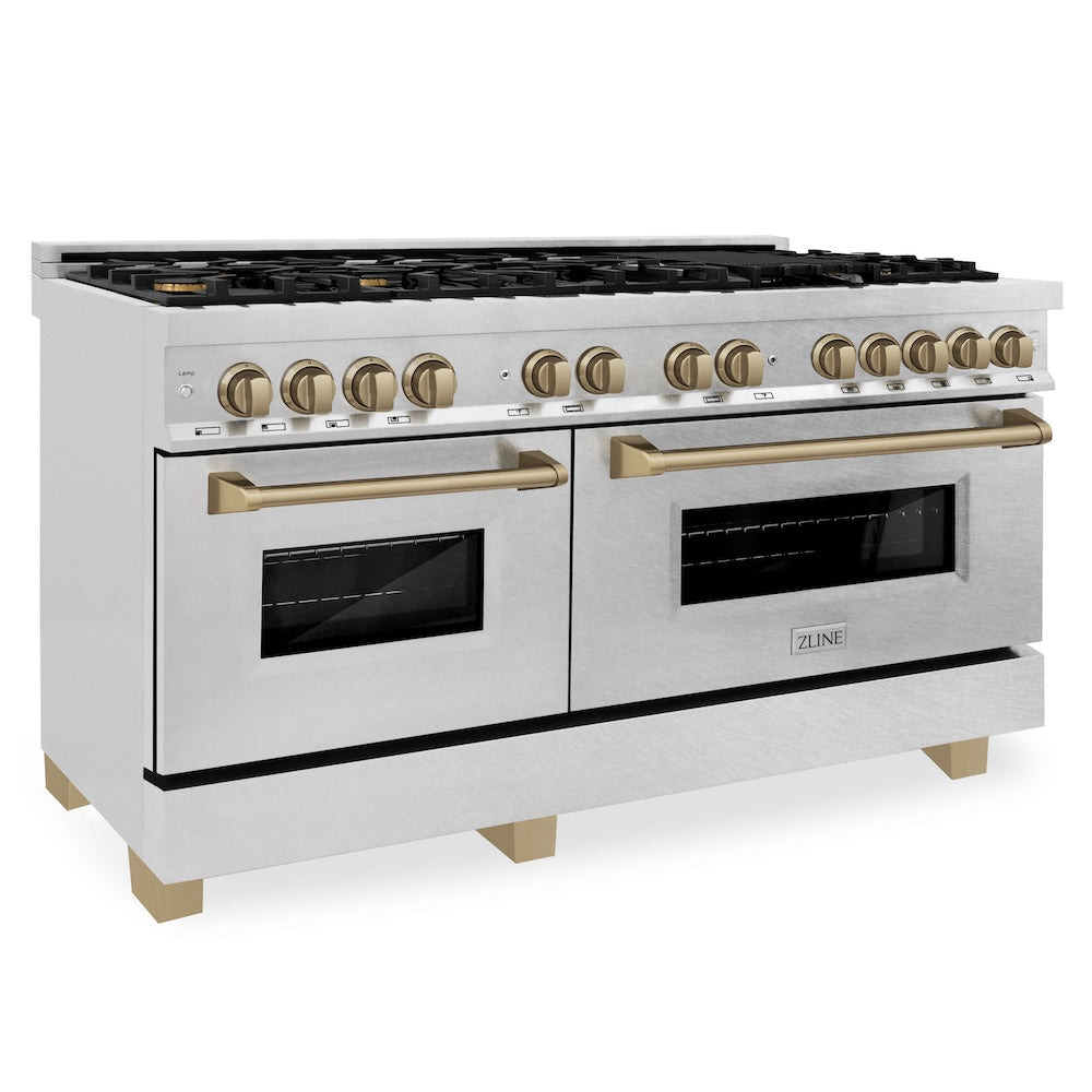 ZLINE Autograph Edition 60 in. 7.4 cu. ft. Legacy Dual Fuel Range with 9 Burner Gas Cooktop and 2 Electric Convection Ovens in Satin Stainless Steel and Champagne Bronze Accents, Open Box-Good Condition