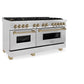 ZLINE Autograph Edition 60 in. 7.4 cu. ft. Legacy Dual Fuel Range with 9 Burner Gas Cooktop and 2 Electric Convection Ovens in Satin Stainless Steel and Champagne Bronze Accents (RASZ-SN-60-CB) side.