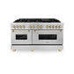ZLINE Autograph Edition 60 in. 7.4 cu. ft. Legacy Dual Fuel Range with 9 Burner Gas Cooktop and 2 Electric Convection Ovens in Satin Stainless Steel and Polished Gold Accents (RASZ-SN-60-G) front.