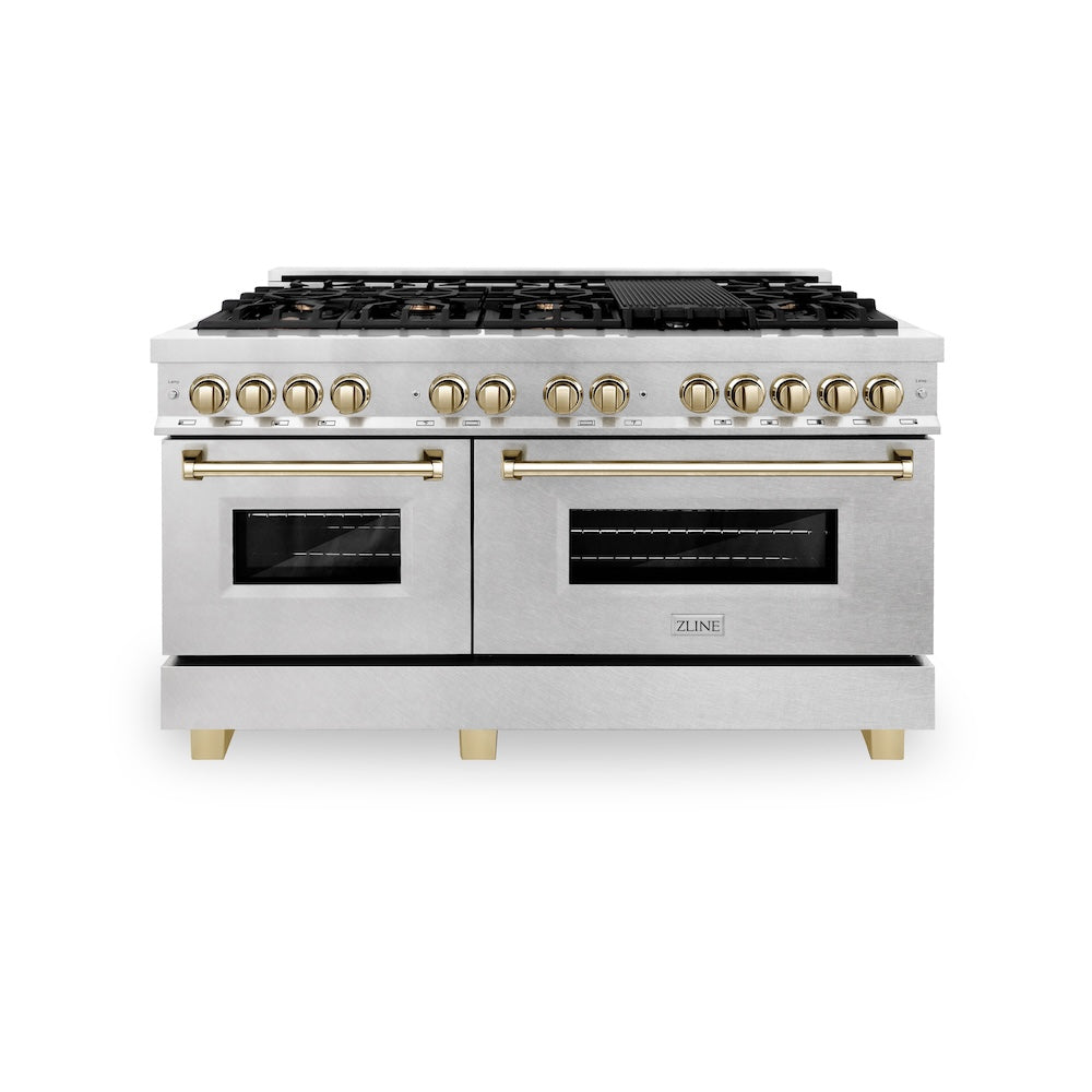 ZLINE Autograph Edition 60 in. 7.4 cu. ft. Legacy Dual Fuel Range with 9 Burner Gas Cooktop and 2 Electric Convection Ovens in Satin Stainless Steel and Polished Gold Accents (RASZ-SN-60-G) front.