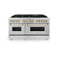 ZLINE Autograph Edition 60 in. 7.4 cu. ft. Legacy Dual Fuel Range with 9 Burner Gas Cooktop and 2 Electric Convection Ovens in Satin Stainless Steel and Polished Gold Accents, Open Box-Great Condition
