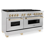 ZLINE Autograph Edition 60 in. 7.4 cu. ft. Legacy Dual Fuel Range with 9 Burner Gas Cooktop and 2 Electric Convection Ovens in Satin Stainless Steel and Polished Gold Accents, Open Box-Good Condition