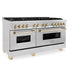 ZLINE Autograph Edition 60 in. 7.4 cu. ft. Legacy Dual Fuel Range with 9 Burner Gas Cooktop and 2 Electric Convection Ovens in Satin Stainless Steel and Polished Gold Accents (RASZ-SN-60-G) side.