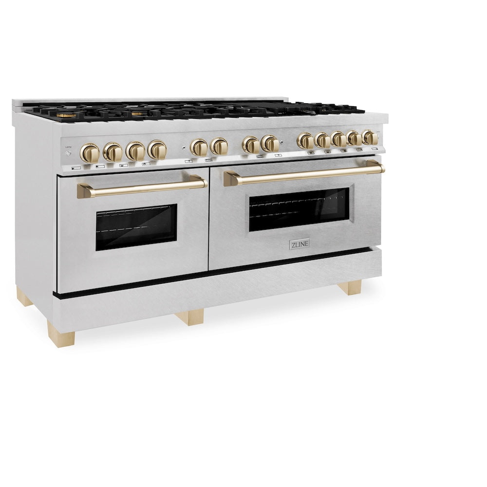 ZLINE Autograph Edition 60 in. 7.4 cu. ft. Legacy Dual Fuel Range with 9 Burner Gas Cooktop and 2 Electric Convection Ovens in Satin Stainless Steel and Polished Gold Accents, Open Box-Good Condition