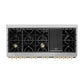 ZLINE Autograph Edition 60 in. 7.4 cu. ft. Legacy Dual Fuel Range with 9 Burner Gas Cooktop and 2 Electric Convection Ovens in Satin Stainless Steel and Polished Gold Accents (RASZ-SN-60-G) top-down, above cooktop.