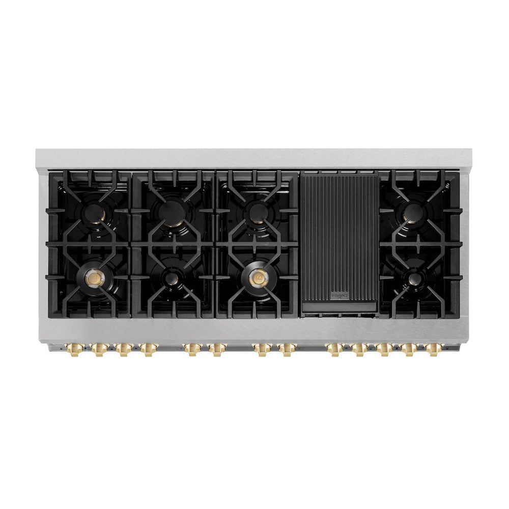 ZLINE Autograph Edition 60 in. 7.4 cu. ft. Legacy Dual Fuel Range with 9 Burner Gas Cooktop and 2 Electric Convection Ovens in Satin Stainless Steel and Polished Gold Accents (RASZ-SN-60-G) top-down, above cooktop.
