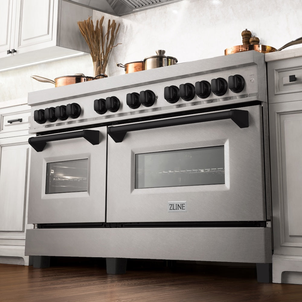 ZLINE Autograph Edition 60 in. 7.4 cu. ft. Legacy Dual Fuel Range with 9 Burner Gas Cooktop and 2 Electric Convection Ovens in Satin Stainless Steel and Matte Black Accents, Open Box-Good Condition