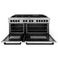 ZLINE Autograph Edition 60 in. 7.4 cu. ft. Legacy Dual Fuel Range with 9 Burner Gas Cooktop and 2 Electric Convection Ovens in Satin Stainless Steel and Matte Black Accents (RASZ-SN-60-MB) front, oven open.