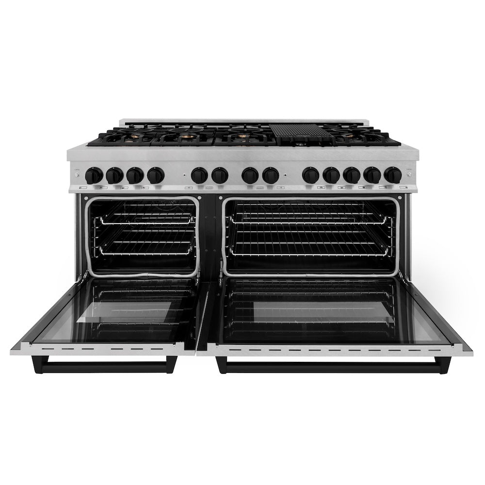 ZLINE Autograph Edition 60 in. 7.4 cu. ft. Legacy Dual Fuel Range with 9 Burner Gas Cooktop and 2 Electric Convection Ovens in Satin Stainless Steel and Matte Black Accents (RASZ-SN-60-MB) front, oven open.