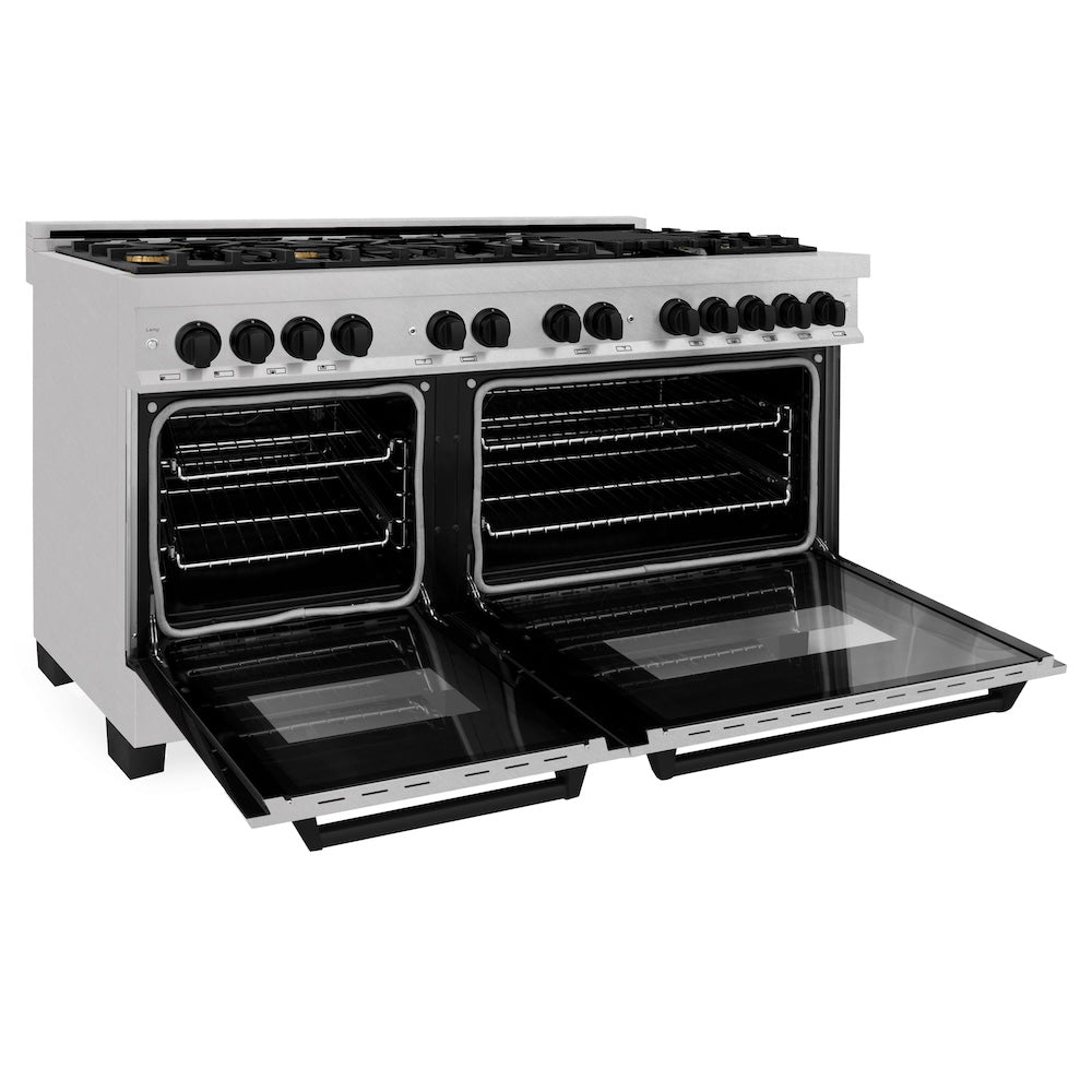ZLINE Autograph Edition 60 in. 7.4 cu. ft. Legacy Dual Fuel Range with 9 Burner Gas Cooktop and 2 Electric Convection Ovens in Satin Stainless Steel and Matte Black Accents, Open Box-Good Condition