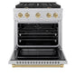 ZLINE Autograph Edition 30 in. 4.2 cu. ft. Paramount Dual Fuel Range with 4 Burner Gas Cooktop and Electric Convection Oven in Satin Stainless Steel with Champagne Bronze Accents (SDRSZ-30-CB) front, oven open.