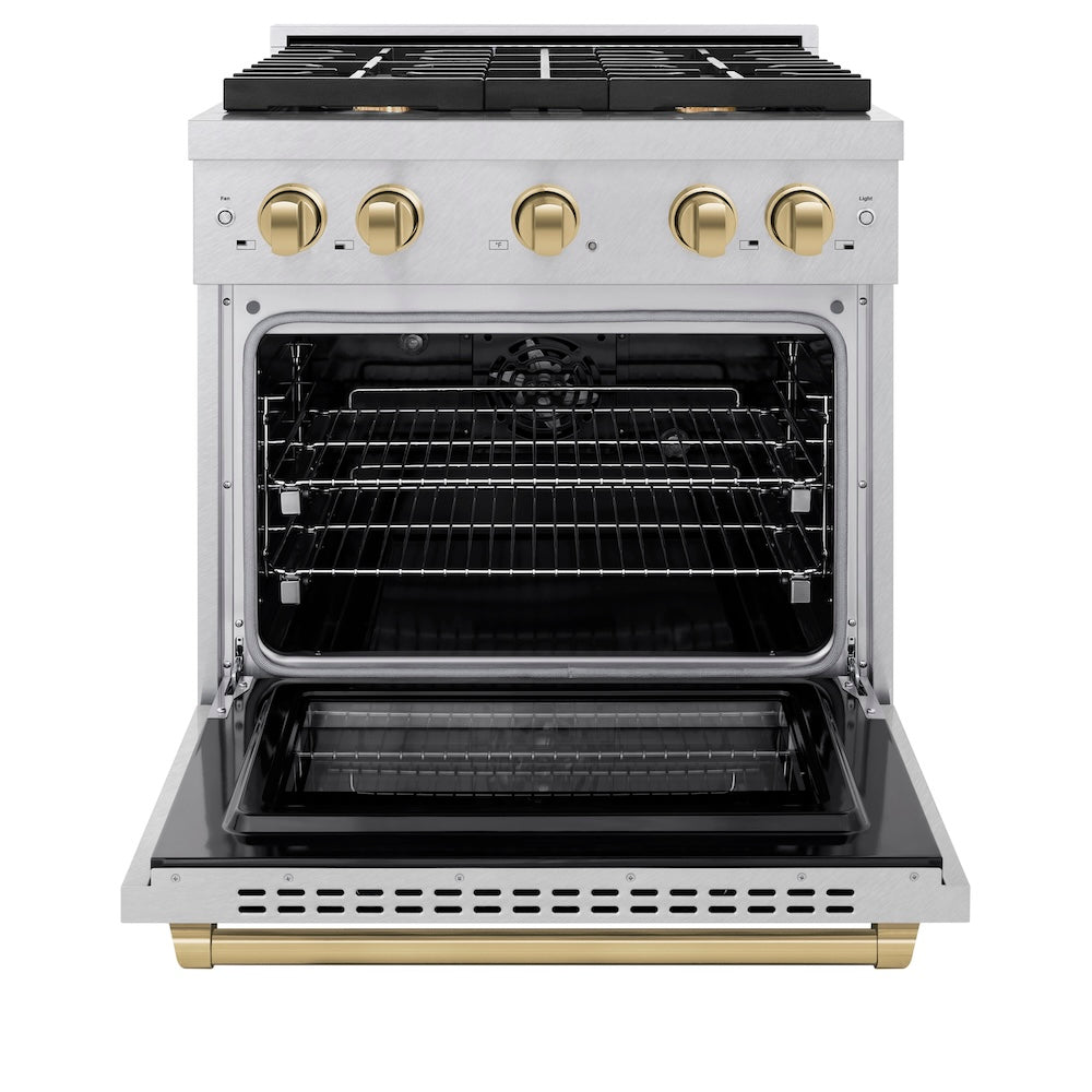 ZLINE Autograph Edition 30 in. 4.2 cu. ft. Paramount Dual Fuel Range with 4 Burner Gas Cooktop and Electric Convection Oven in Satin Stainless Steel with Champagne Bronze Accents (SDRSZ-30-CB) front, oven open.