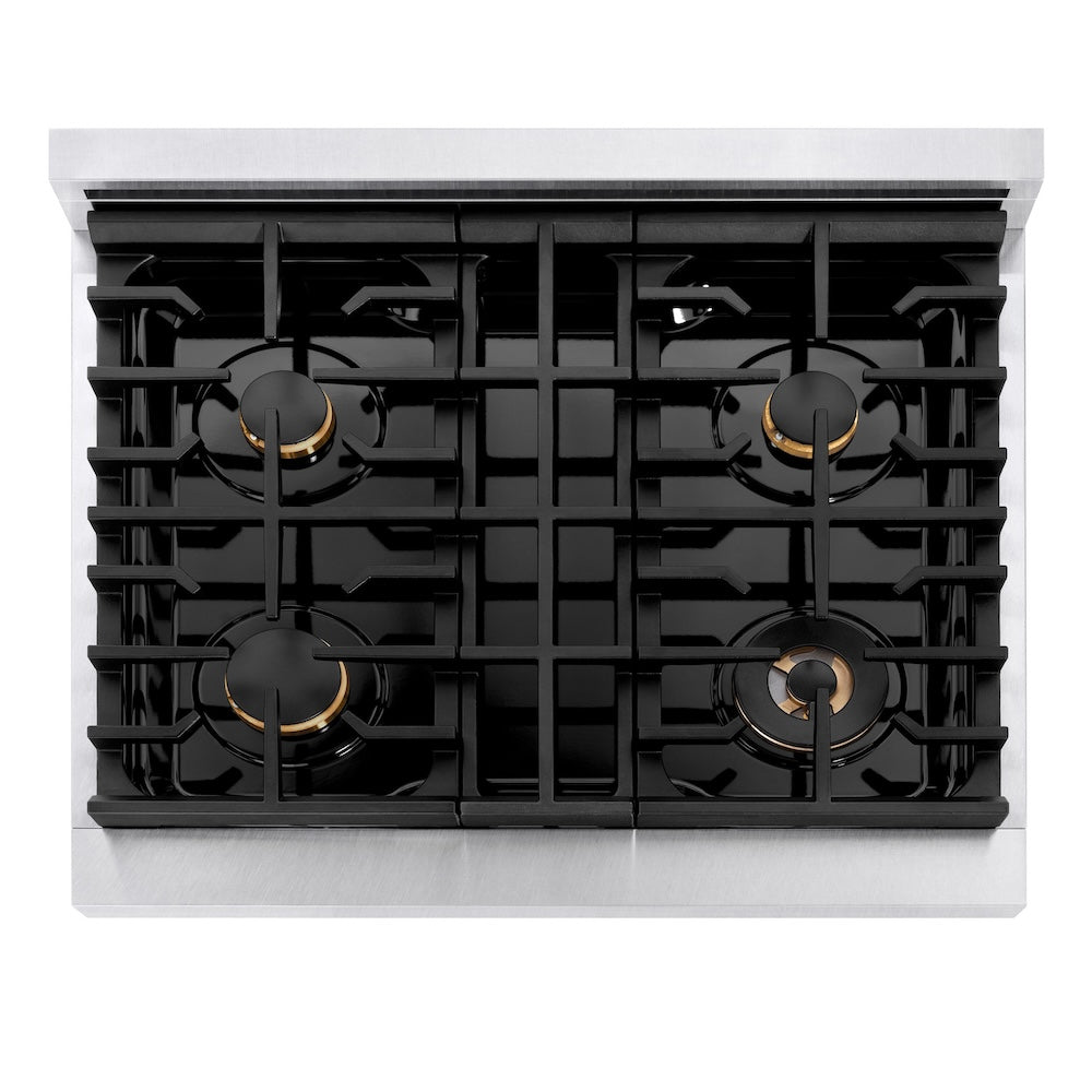 ZLINE Autograph Edition 30 in. 4.2 cu. ft. Paramount Dual Fuel Range with 4 Burner Gas Cooktop and Electric Convection Oven in Satin Stainless Steel with Champagne Bronze Accents (SDRSZ-30-CB) top-down, above cooktop.