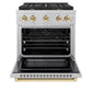 ZLINE Autograph Edition 30 in. 4.2 cu. ft. Paramount Dual Fuel Range with 4 Burner Gas Cooktop and Electric Convection Oven in Satin Stainless Steel with Polished Gold Accents (SDRSZ-30-G) front, oven open.