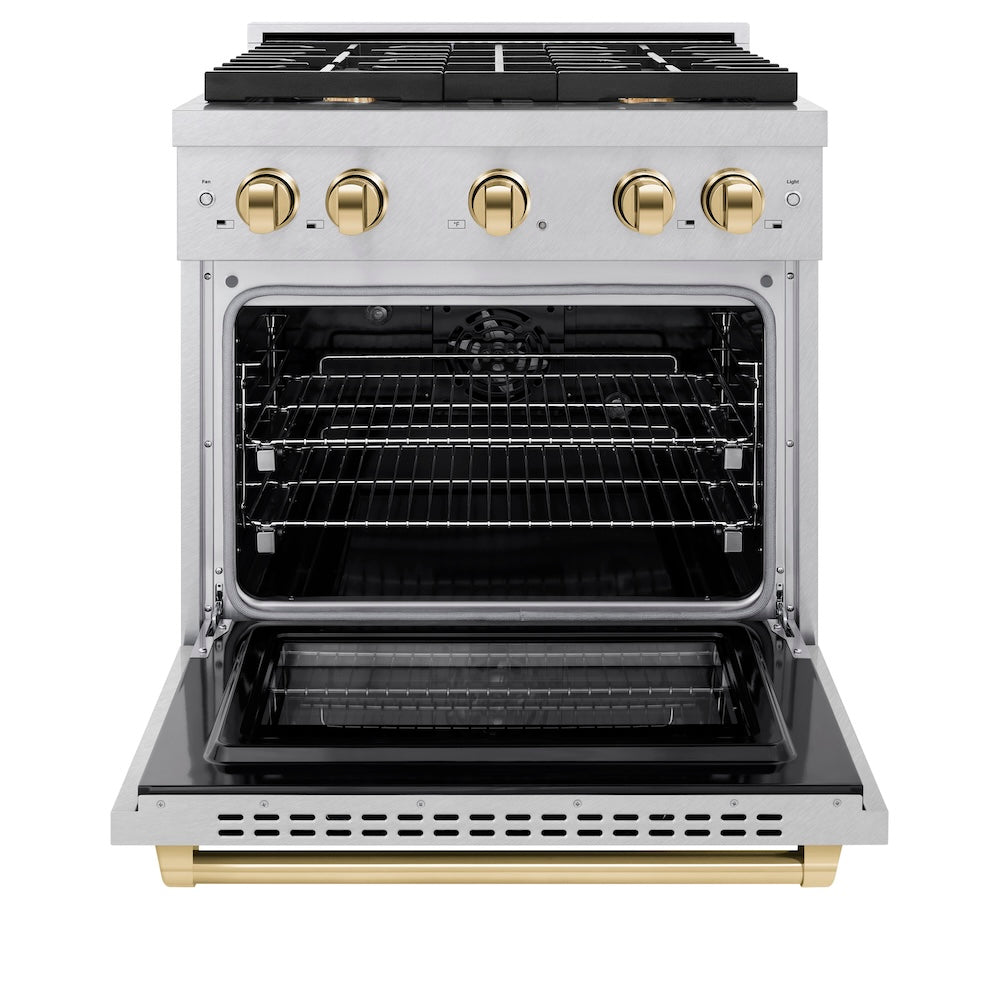 ZLINE Autograph Edition 30 in. 4.2 cu. ft. Paramount Dual Fuel Range with 4 Burner Gas Cooktop and Electric Convection Oven in Satin Stainless Steel with Polished Gold Accents (SDRSZ-30-G) front, oven open.