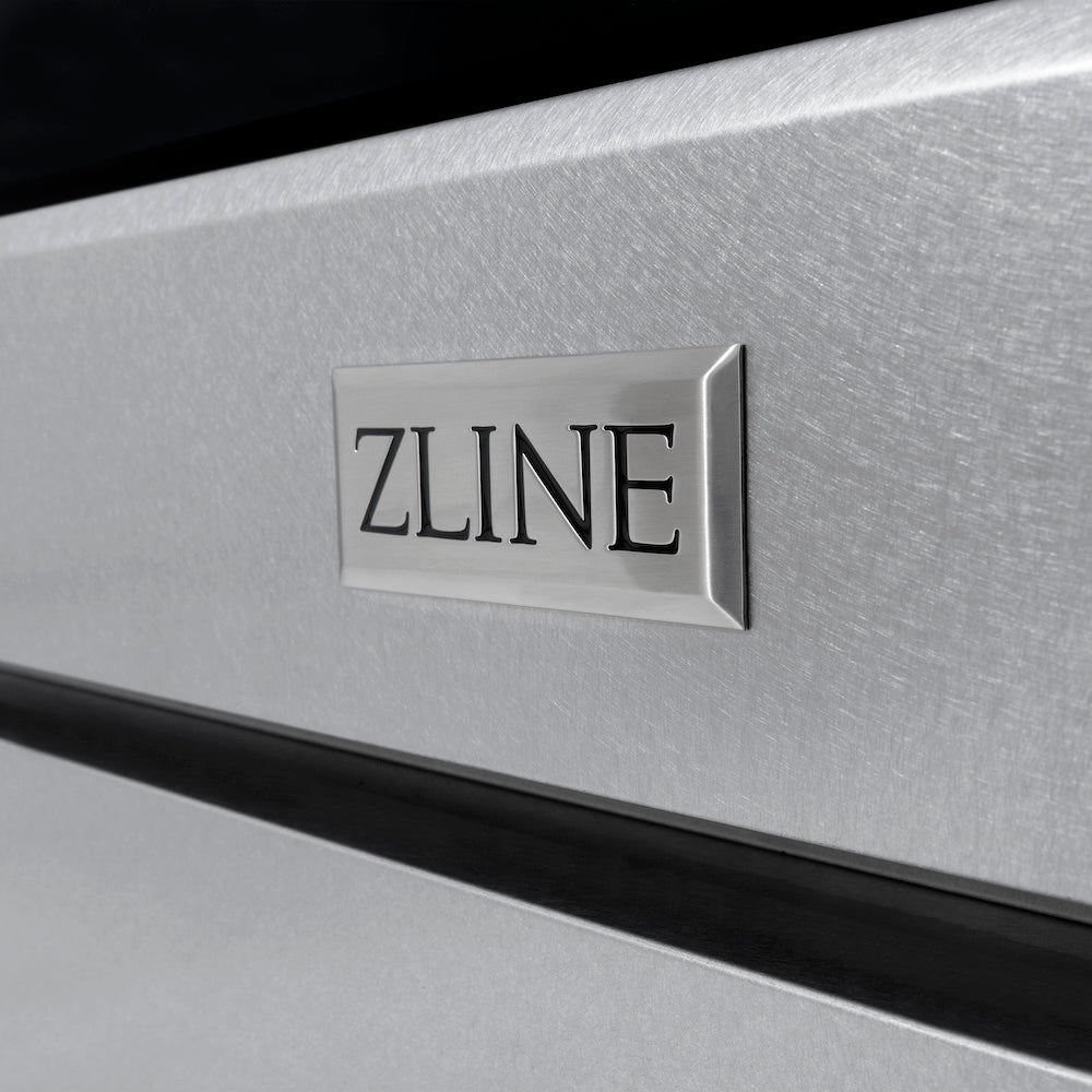 ZLINE Autograph Edition 30 in. 4.2 cu. ft. Paramount Dual Fuel Range with 4 Burner Gas Cooktop and Electric Convection Oven in Satin Stainless Steel with Matte Black Accents (SDRSZ-30-MB) ZLINE badge on Satin Stainless Steel showing circular, non-directional finish.