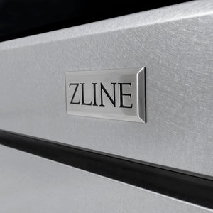 ZLINE Autograph Edition 30 in. 4.2 cu. ft. Paramount Dual Fuel Range with 4 Burner Gas Cooktop and Electric Convection Oven in Satin Stainless Steel with Matte Black Accents (SDRSZ-30-MB) ZLINE badge on Satin Stainless Steel showing circular, non-directional finish.
