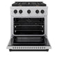 ZLINE Autograph Edition 30 in. 4.2 cu. ft. Paramount Dual Fuel Range with 4 Burner Gas Cooktop and Electric Convection Oven in Satin Stainless Steel with Matte Black Accents (SDRSZ-30-MB) front, oven open.