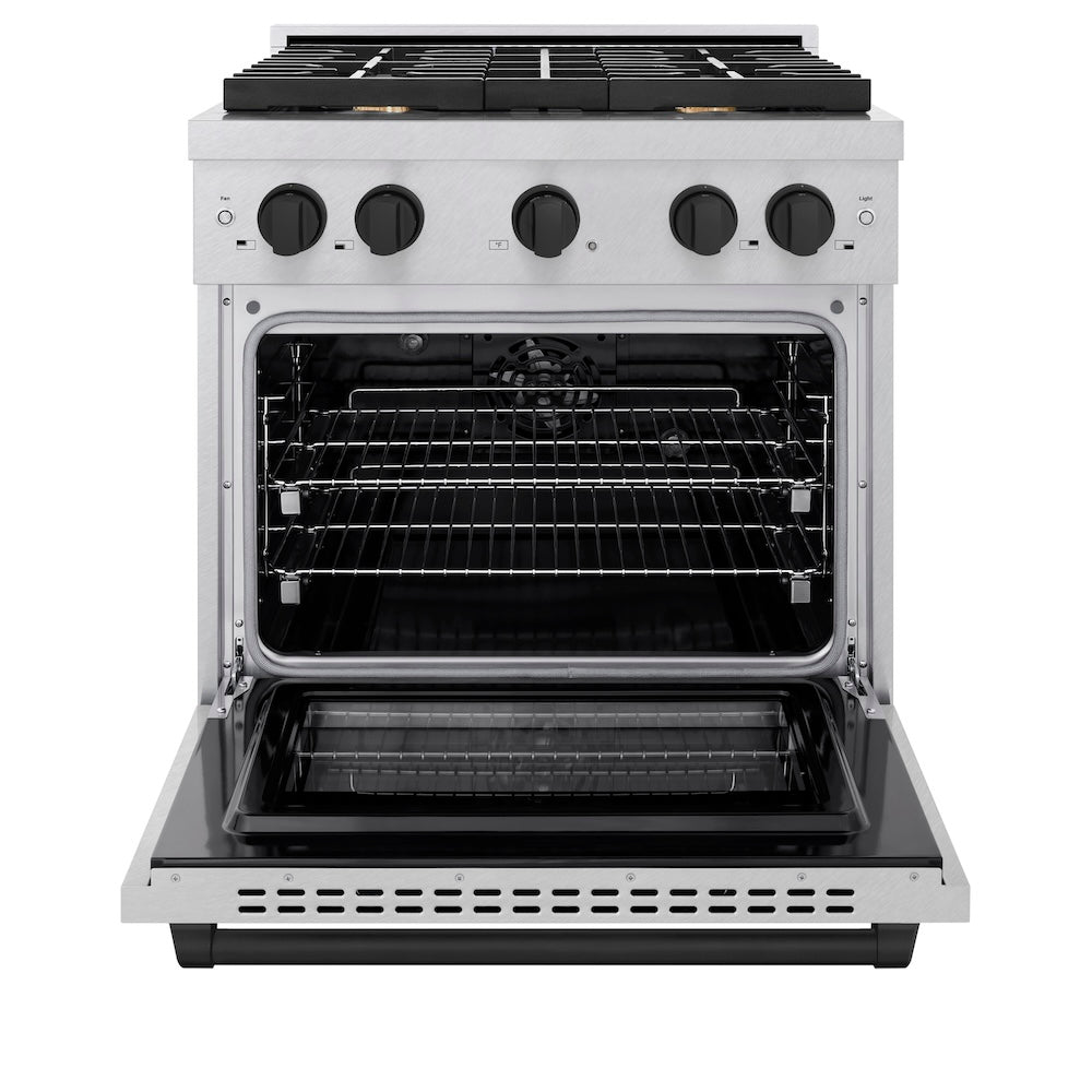 ZLINE Autograph Edition 30 in. 4.2 cu. ft. Paramount Dual Fuel Range with 4 Burner Gas Cooktop and Electric Convection Oven in Satin Stainless Steel with Matte Black Accents (SDRSZ-30-MB) front, oven open.