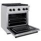 ZLINE Autograph Edition 30 in. 4.2 cu. ft. Paramount Dual Fuel Range with 4 Burner Gas Cooktop and Electric Convection Oven in Satin Stainless Steel with Matte Black Accents (SDRSZ-30-MB) side, open.