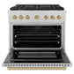 ZLINE Autograph Edition 36 in. 5.2 cu. ft. Paramount Dual Fuel Range with 6 Burner Gas Cooktop and Electric Convection Oven in Satin Stainless Steel with Champagne Bronze Accents (SDRSZ-36-CB) front, oven open.