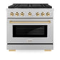 ZLINE Autograph Edition 36 in. 5.2 cu. ft. Paramount Dual Fuel Range with 6 Burner Gas Cooktop and Electric Convection Oven in Satin Stainless Steel with Polished Gold Accents (SDRSZ-36-G) front.
