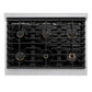 ZLINE Autograph Edition 36 in. 5.2 cu. ft. Paramount Dual Fuel Range with 6 Burner Gas Cooktop and Electric Convection Oven in Satin Stainless Steel with Polished Gold Accents (SDRSZ-36-G) top-down, above cooktop.