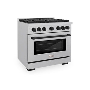 ZLINE Autograph Edition 36 in. 5.2 cu. ft. Paramount Dual Fuel Range with 6 Burner Gas Cooktop and Electric Convection Oven in Satin Stainless Steel with Matte Black Accents (SDRSZ-36-MB) main image.