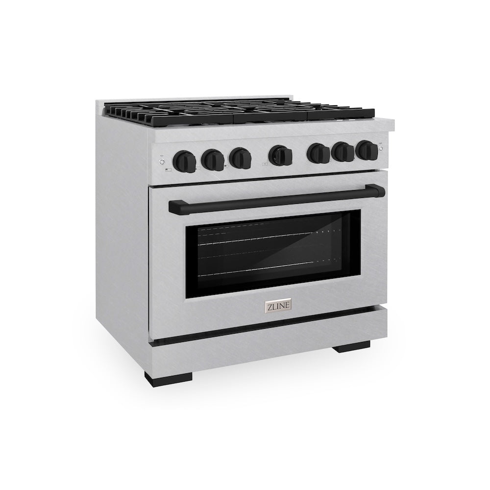 ZLINE Autograph Edition 36 in. 5.2 cu. ft. Paramount Dual Fuel Range with 6 Burner Gas Cooktop and Electric Convection Oven in Satin Stainless Steel with Matte Black Accents, Open Box-Good Condition main image.