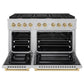 ZLINE Autograph Edition 48 in. 6.7 cu. ft. Paramount Double Oven Dual Fuel Range with 8 Burner Gas Cooktop in Satin Stainless Steel and Champagne Bronze Accents (SDRSZ-48-CB) front, oven open.