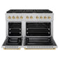ZLINE Autograph Edition 48 in. 6.7 cu. ft. Paramount Double Oven Dual Fuel Range with 8 Burner Gas Cooktop in Satin Stainless Steel and Polished Gold Accents (SDRSZ-48-G) front, oven open.