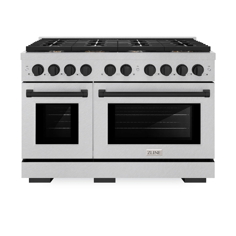 ZLINE Autograph Edition 48 in. 6.7 cu. ft. Paramount Double Oven Dual Fuel Range with 8 Burner Gas Cooktop in Satin Stainless Steel and Matte Black Accents (SDRSZ-48-MB) front.