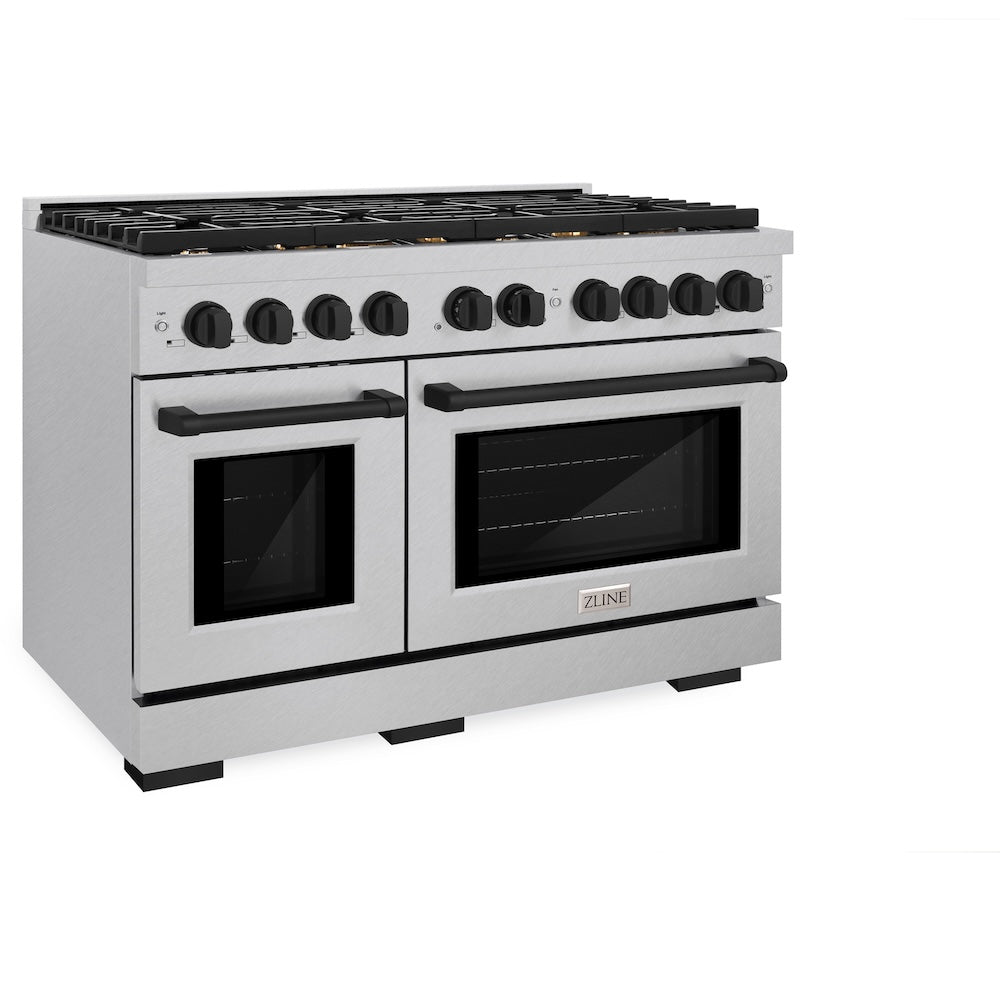 ZLINE Autograph Edition 48 in. 6.7 cu. ft. Paramount Double Oven Dual Fuel Range with 8 Burner Gas Cooktop in Satin Stainless Steel and Matte Black Accents (SDRSZ-48-MB) side.
