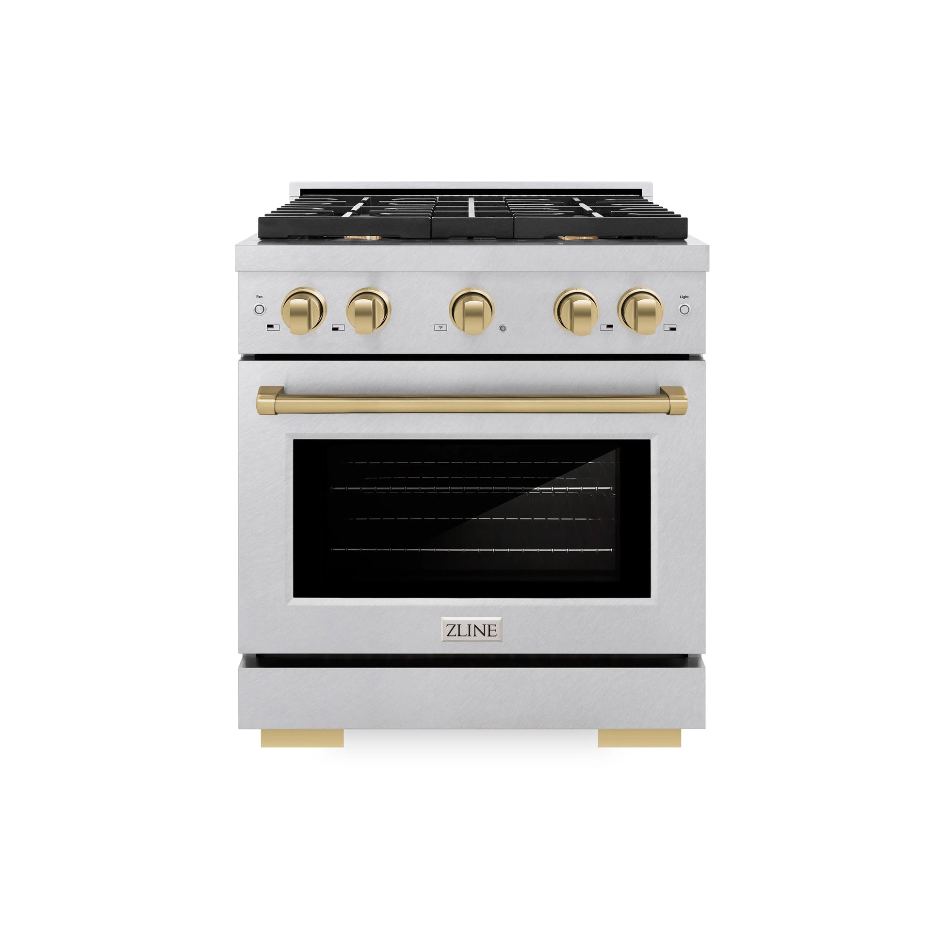 ZLINE Autograph Edition 30 in. 4.2 cu. ft. Paramount Gas Range with 4 Burner Cooktop and Convection Gas Oven in Satin Stainless Steel and Champagne Bronze Accents, Open Box-Great Condition