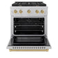 ZLINE Autograph Edition 30 in. 4.2 cu. ft. Paramount Gas Range with 4 Burner Cooktop and Convection Gas Oven in Satin Stainless Steel and Champagne Bronze Accents (SGRSZ-30-CB) front, oven open.