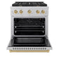 ZLINE Autograph Edition 30 in. 4.2 cu. ft. Paramount Gas Range with 4 Burner Cooktop and Convection Gas Oven in Satin Stainless Steel and Champagne Bronze Accents, Open Box-Good Condition