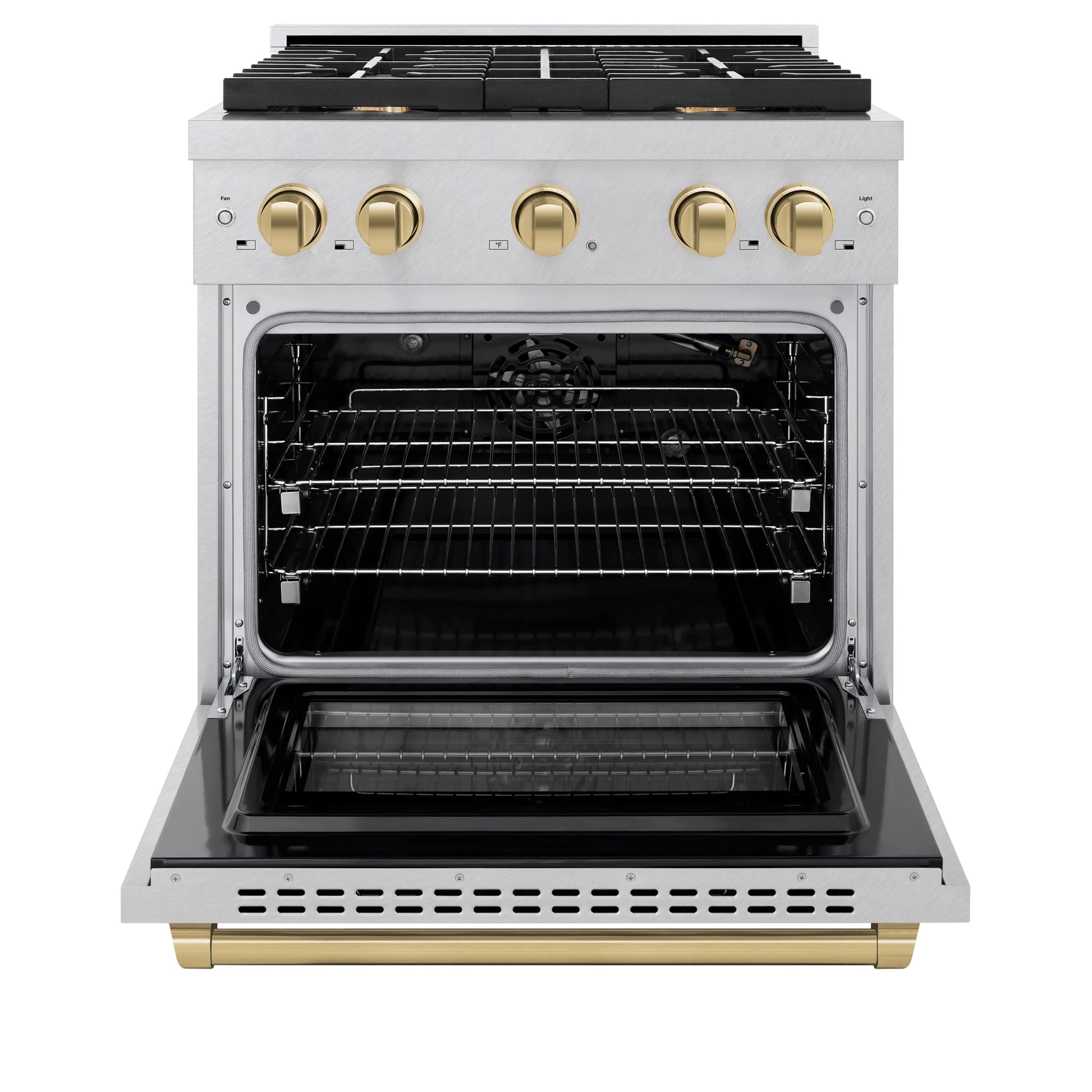 ZLINE Autograph Edition 30 in. 4.2 cu. ft. Paramount Gas Range with 4 Burner Cooktop and Convection Gas Oven in Satin Stainless Steel and Champagne Bronze Accents, Open Box-Great Condition