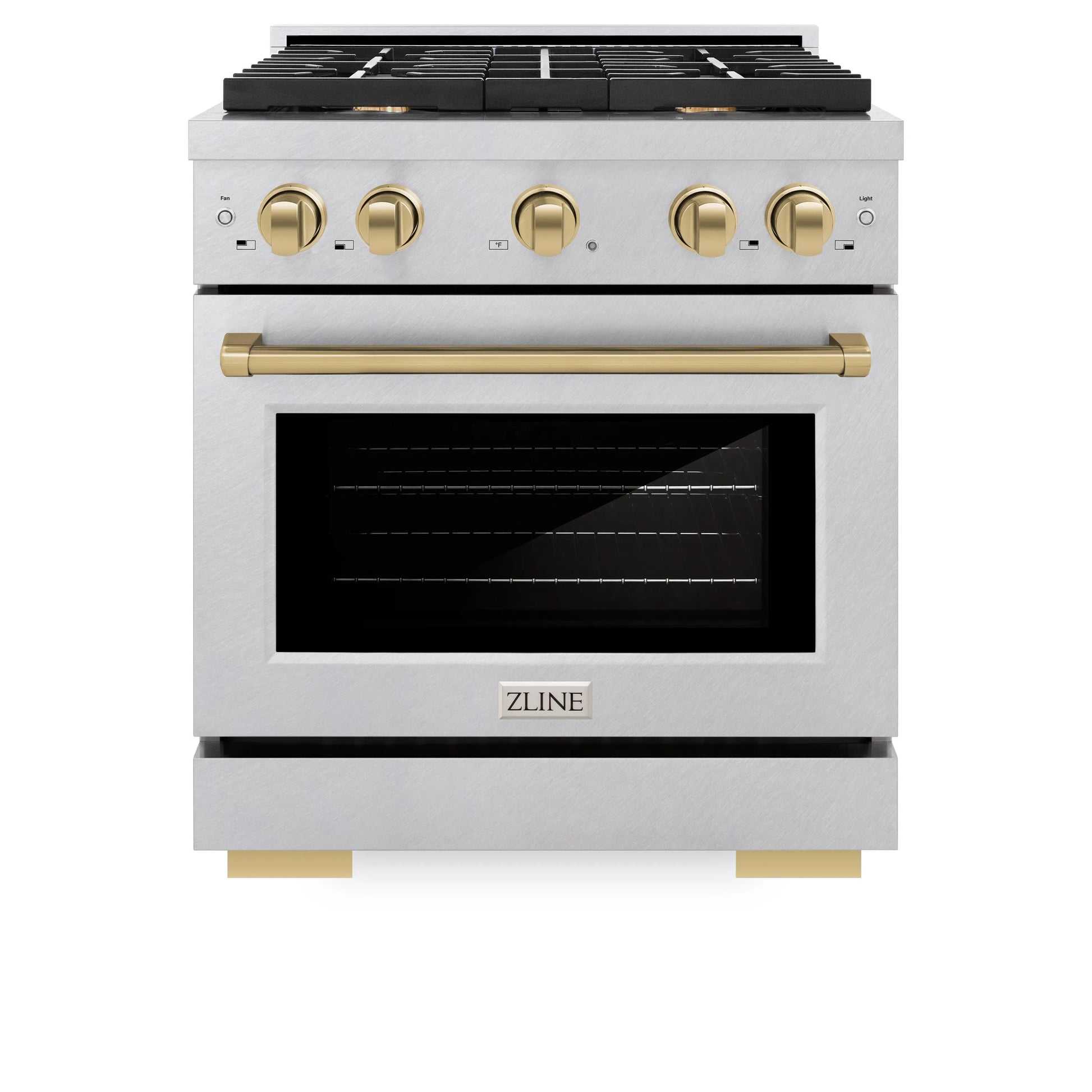 ZLINE Autograph Edition 30 in. 4.2 cu. ft. Paramount Gas Range with 4 Burner Cooktop and Convection Gas Oven in Satin Stainless Steel and Champagne Bronze Accents, Open Box-Great Condition