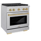 ZLINE Autograph Edition 30 in. 4.2 cu. ft. Paramount Gas Range with 4 Burner Cooktop and Convection Gas Oven in Satin Stainless Steel and Champagne Bronze Accents, Open Box-Great Condition