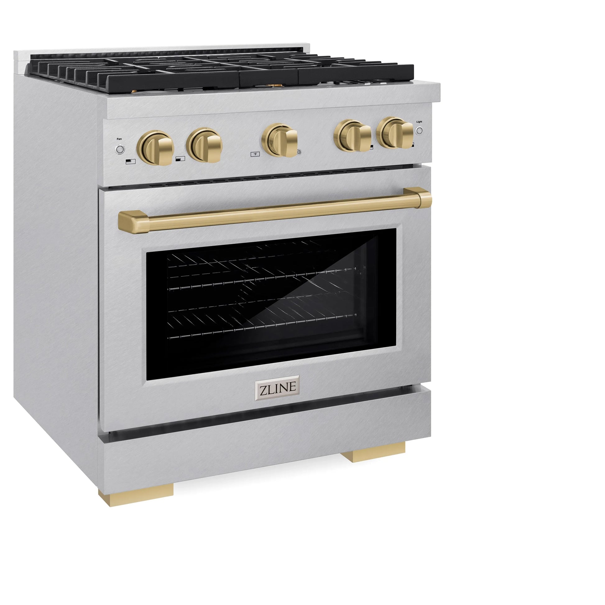 ZLINE Autograph Edition 30 in. 4.2 cu. ft. Paramount Gas Range with 4 Burner Cooktop and Convection Gas Oven in Satin Stainless Steel and Champagne Bronze Accents, Open Box-Great Condition
