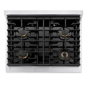 ZLINE Autograph Edition 30 in. 4.2 cu. ft. Paramount Gas Range with 4 Burner Cooktop and Convection Gas Oven in Satin Stainless Steel and Champagne Bronze Accents, Open Box-Great Condition