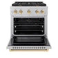 ZLINE Autograph Edition 30 in. 4.2 cu. ft. Paramount Gas Range with 4 Burner Cooktop and Convection Gas Oven in Satin Stainless Steel and Polished Gold Accents (SGRSZ-30-G) front, oven open.