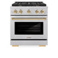 ZLINE Autograph Edition 30 in. 4.2 cu. ft. Paramount Gas Range with 4 Burner Cooktop and Convection Gas Oven in Satin Stainless Steel and Polished Gold Accents (SGRSZ-30-G) front.