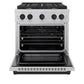 ZLINE Autograph Edition 30 in. 4.2 cu. ft. Paramount Gas Range with 4 Burner Cooktop and Convection Gas Oven in Satin Stainless Steel and Matte Black Accents (SGRSZ-30-MB) front, oven open.
