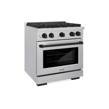 ZLINE Autograph Edition 30 in. 4.2 cu. ft. Paramount Gas Range with 4 Burner Cooktop and Convection Gas Oven in Satin Stainless Steel and Matte Black Accents, Open Box-Great Condition main image.