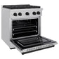 ZLINE Autograph Edition 30 in. 4.2 cu. ft. Paramount Gas Range with 4 Burner Cooktop and Convection Gas Oven in Satin Stainless Steel and Matte Black Accents (SGRSZ-30-MB) side, open.