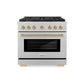 ZLINE Autograph Edition 36 in. 5.2 cu. ft. Paramount Gas Range with 6 Burner Cooktop and Convection Gas Oven in Satin Stainless Steel and Champagne Bronze Accents, Open Box-Great Condition
