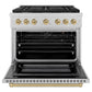 ZLINE Autograph Edition 36 in. 5.2 cu. ft. Paramount Gas Range with 6 Burner Cooktop and Convection Gas Oven in Satin Stainless Steel and Champagne Bronze Accents (SGRSZ-36-CB) front, oven open.